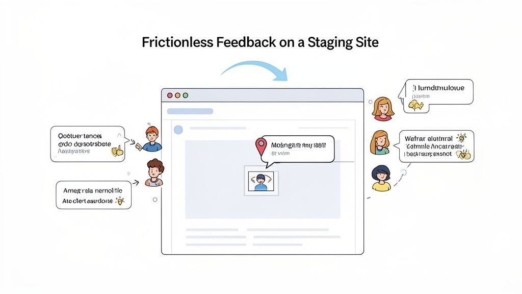 Illustration showing users giving feedback on a staging website through a web browser interface.
