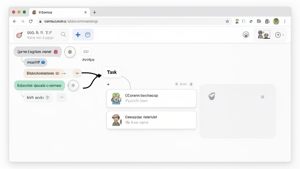 A web browser displays a digital mind map for project management, showing interconnected tasks and user assignments.