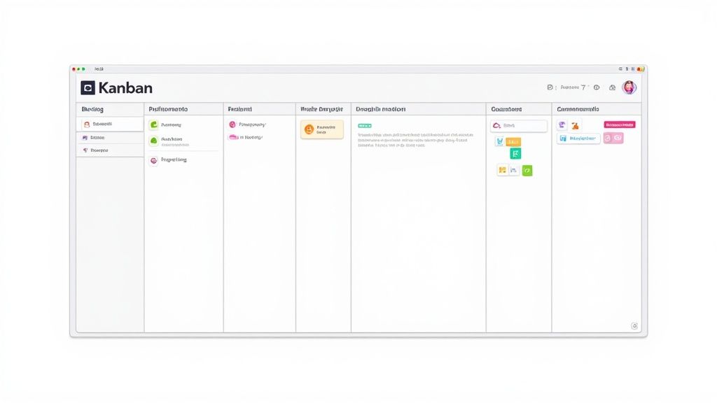 A digital Kanban board interface with multiple columns showing tasks and project management.