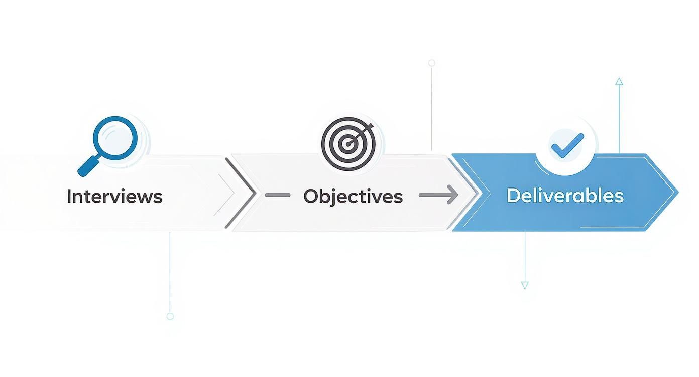 Project management workflow diagram showing interviews, objectives, and deliverables with checkmark icon