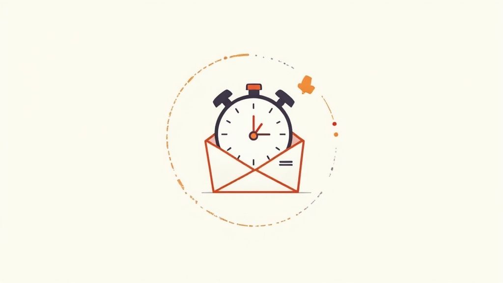 A stopwatch alarm clock emerges from an open email envelope, symbolizing timely communication.
