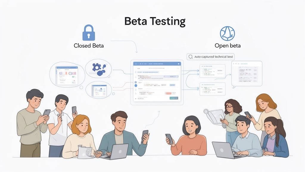 Illustration showing closed and open beta testing phases with users providing feedback.