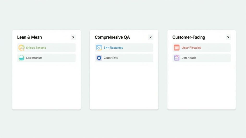 Three project management cards titled 'Lean & Mean', 'Comprehensive QA', and 'Customer-Facing' displaying tasks.
