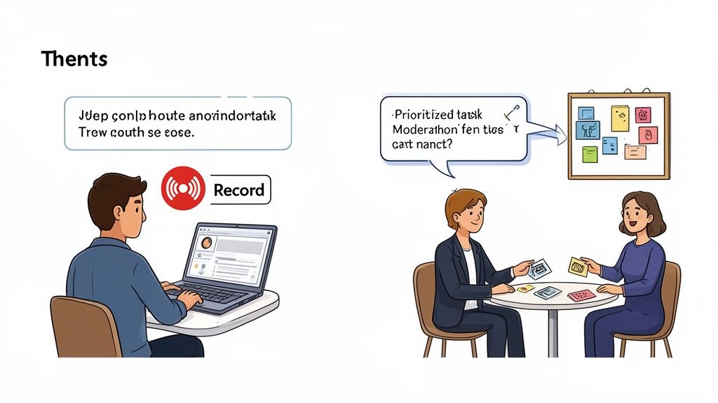 Illustrations of a man recording on a laptop and two people collaborating on tasks with a whiteboard.