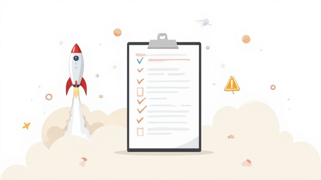 Rocket launching beside clipboard with checklist and warning sign illustrating project planning workflow