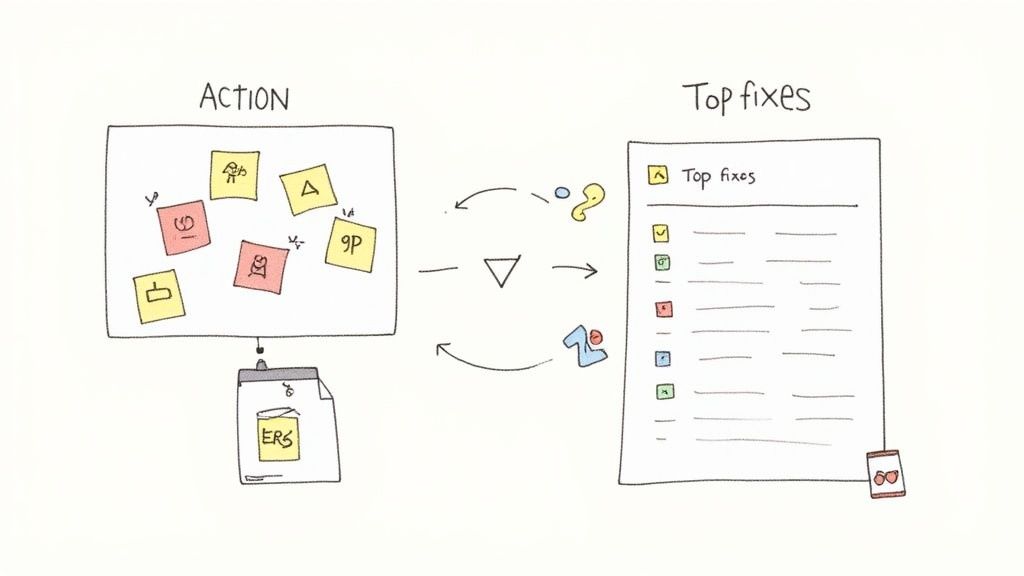 A flowchart visualizes transforming ideas from an action board into prioritized top fixes.