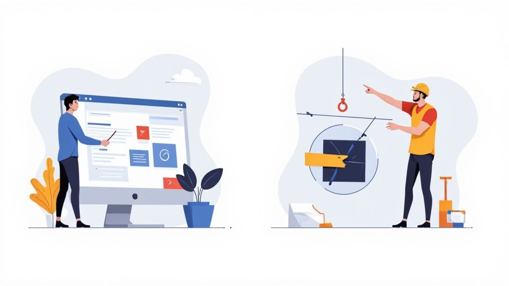 Two illustrations: a man presenting on a large computer screen and a construction worker directing a project.