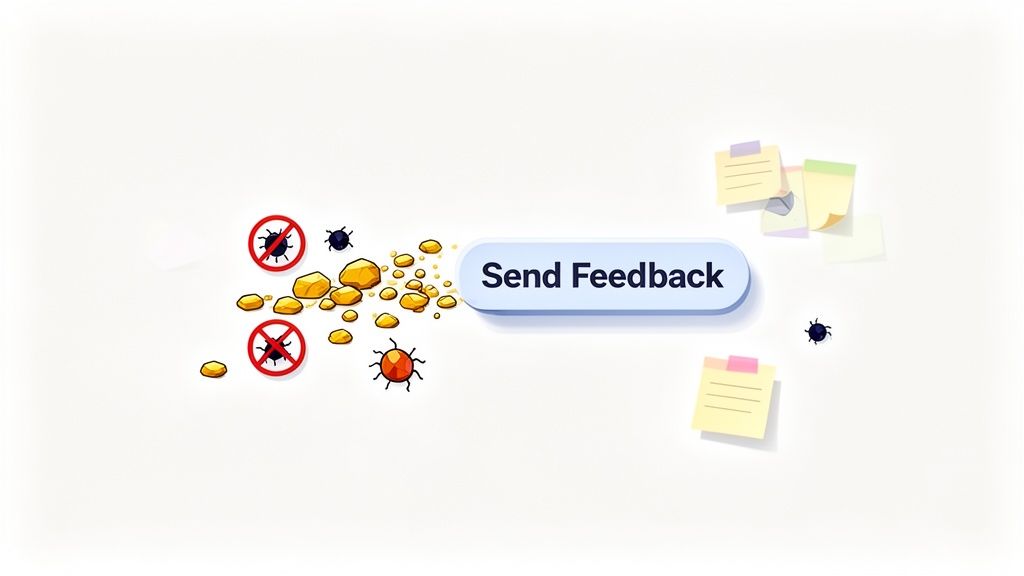 An illustration of a 'Send Feedback' button surrounded by bugs, gold nuggets, and sticky notes, representing user input.