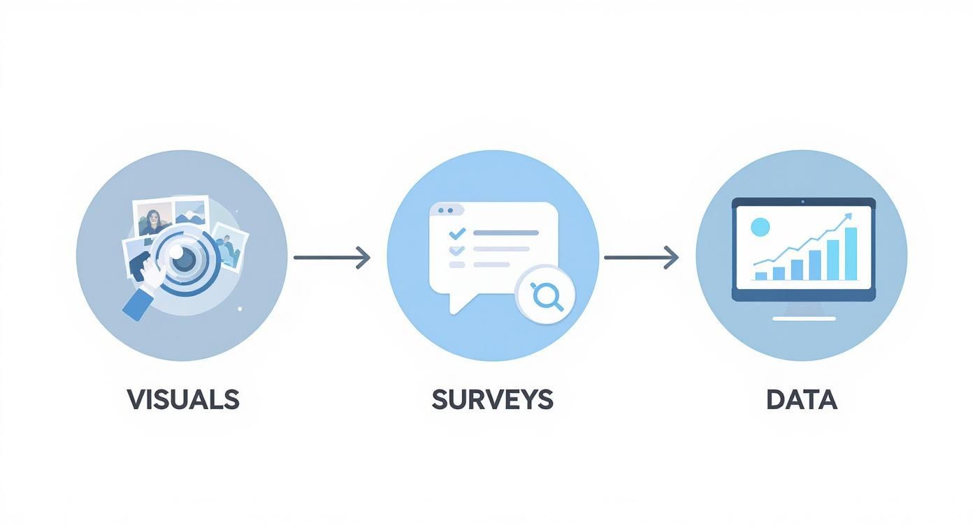 A visual process showing how visuals are used to generate surveys, leading to data analysis.