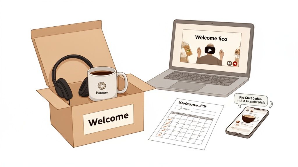A remote onboarding setup with a welcome kit box, laptop, calendar, and smartphone.