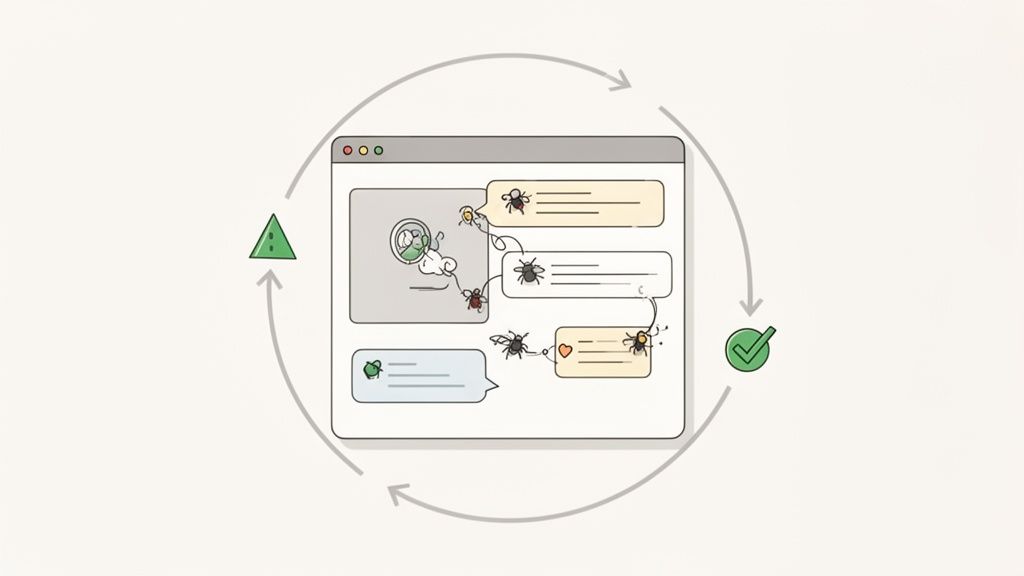Diagram illustrating a project lifecycle with a browser window, bugs, and feedback loop from warning to completion.