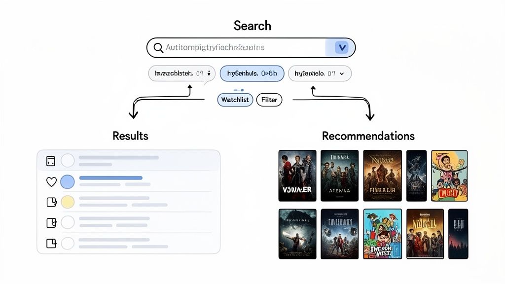 A user flow diagram illustrating search, filters, results, and recommendations for media content.