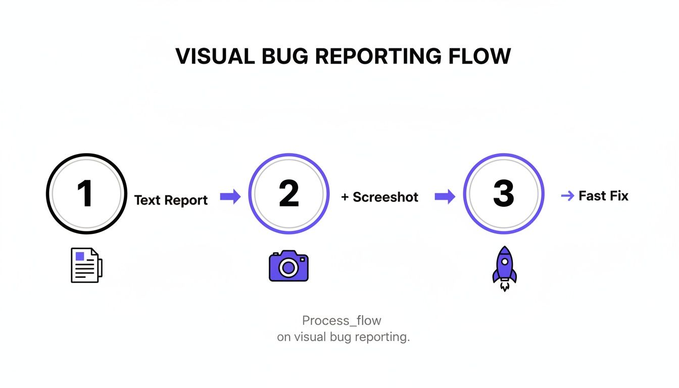 A visual bug reporting flow diagram with three steps: text report, add screenshot, and fast fix.