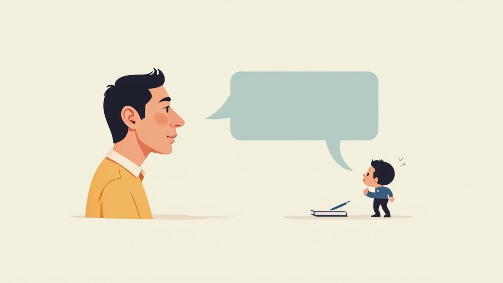 Minimalist illustration of a large man listening to a small boy with a speech bubble, symbolizing communication.