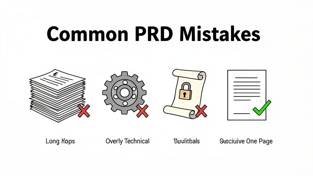 Infographic showing common PRD mistakes: too long, overly technical, or inflexible. It advocates for a concise, one-page document.