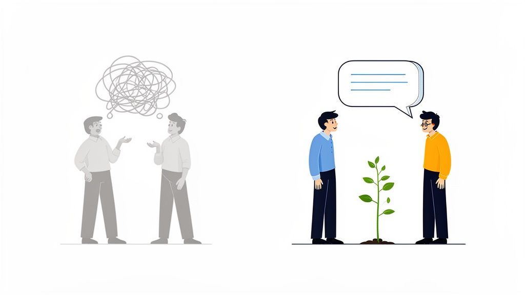 Illustration comparing tangled, unclear communication on the left with clear, constructive feedback leading to growth on the right.