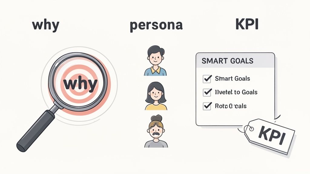Diagram illustrating 'why' (purpose), user personas, and KPIs for setting SMART goals in project planning.