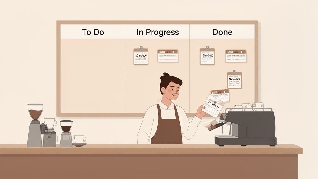 An illustrated barista works at a coffee shop with a Kanban board showing tasks behind them.