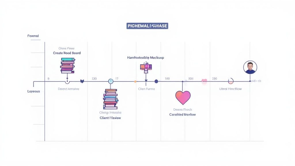 Project timeline diagram showing client workflow phases from mood board creation to final review