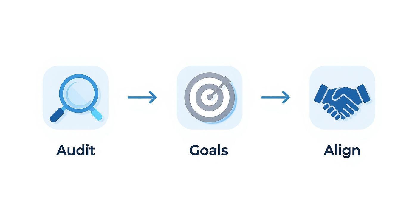 Three-step process workflow showing audit with magnifying glass, goals with target, and align with handshake icons