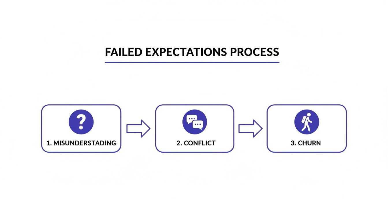 A flowchart titled 'Failed Expectations Process' illustrating three steps: misunderstanding, conflict, and churn.