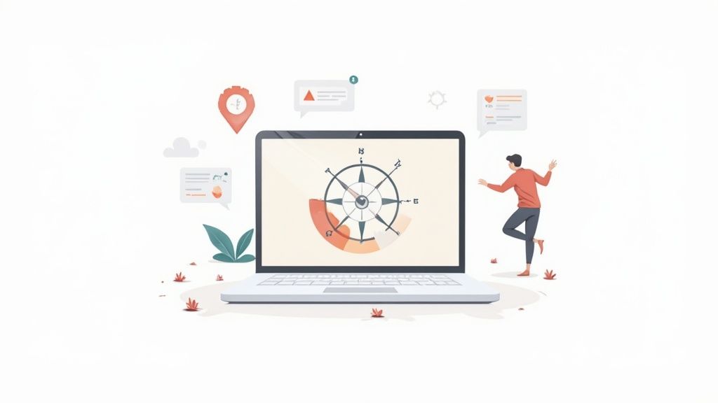 Modern illustration of a laptop showing a compass, surrounded by UI elements and a happy person.