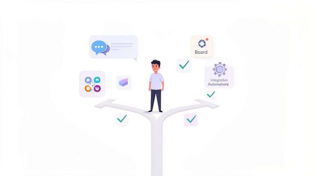A person at a crossroads choosing between different collaboration software features like chat, board, and automations.