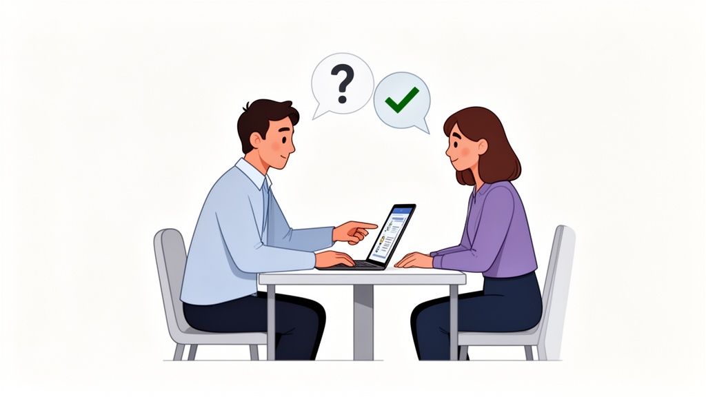 Man and woman discussing content on a laptop, with speech bubbles indicating questions and answers.