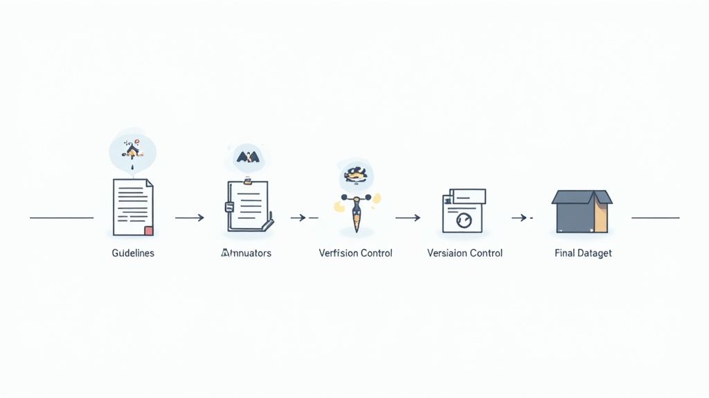 A diagram illustrating the data annotation process workflow, from guidelines and annotators to verification, version control, and the final dataset.