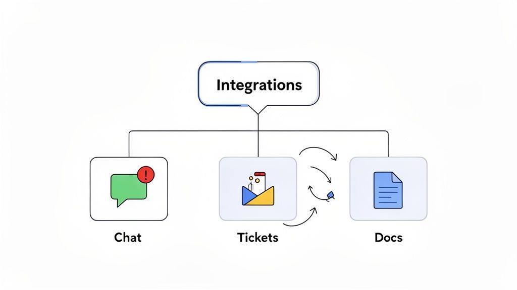 A diagram showing business integrations linking chat, support tickets, and documents, illustrating data flow.
