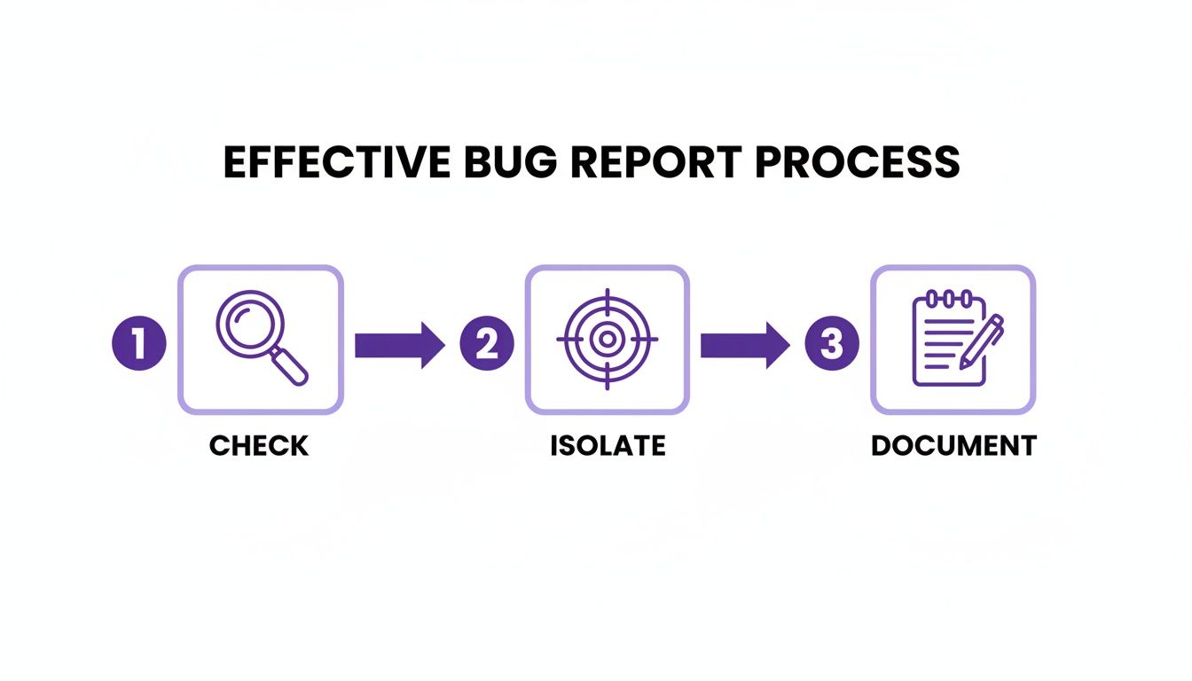 Diagram illustrating the effective bug report process with three steps: Check, Isolate, Document.