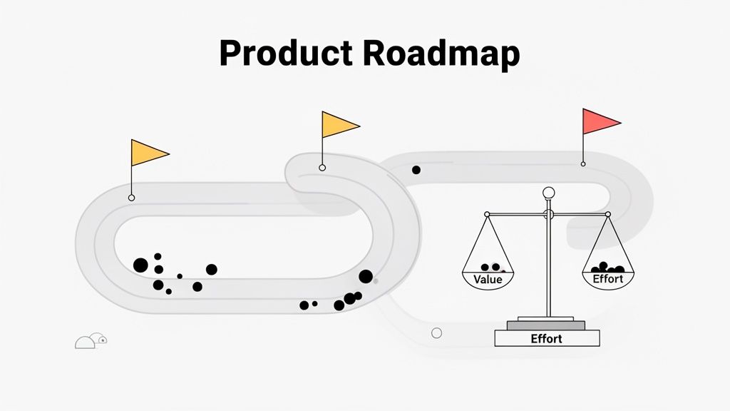 Product roadmap illustration showing features moving through stages, balancing value and effort.