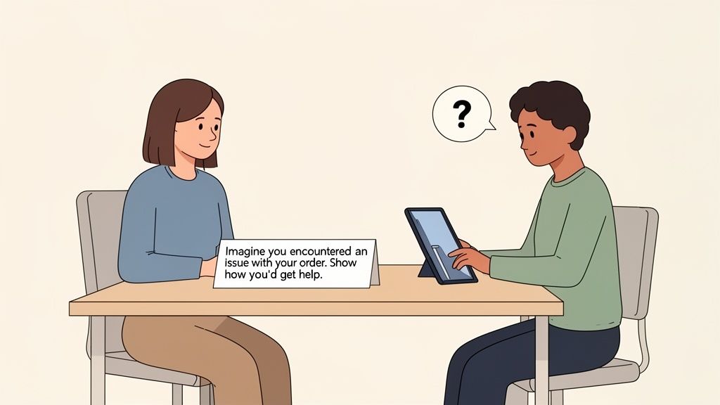 Two people at a table, one interacting with a tablet during a usability test about customer support.