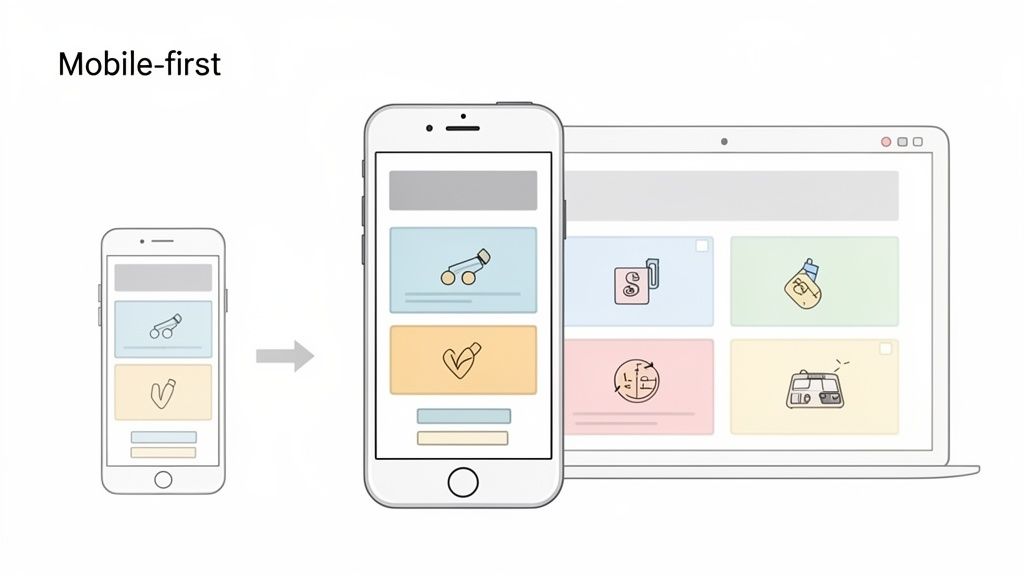 Illustration showing mobile-first responsive web design, adapting content from small phone to large phone and laptop.