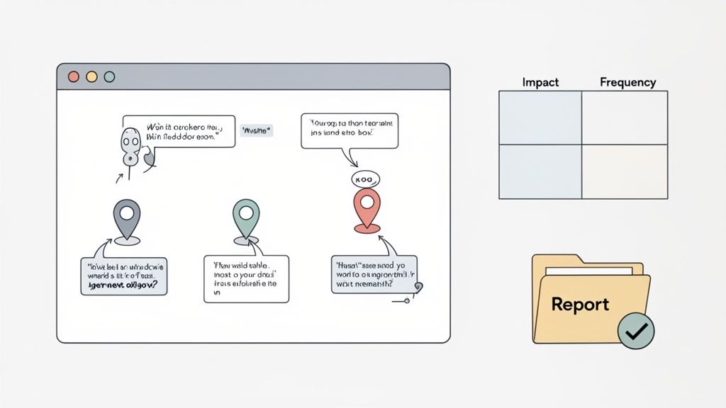 A diagram showing a web interface with flowcharts, location pins, text bubbles, an impact and frequency matrix, and a completed report folder.