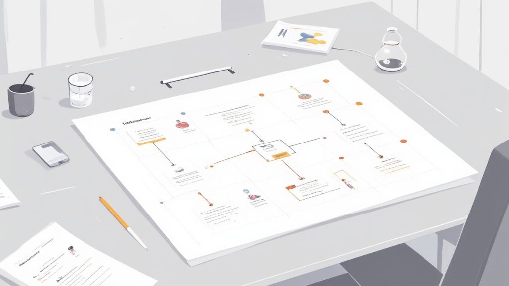 Overhead view of desk workspace with flowchart diagram, smartphone, water glass and project planning documents