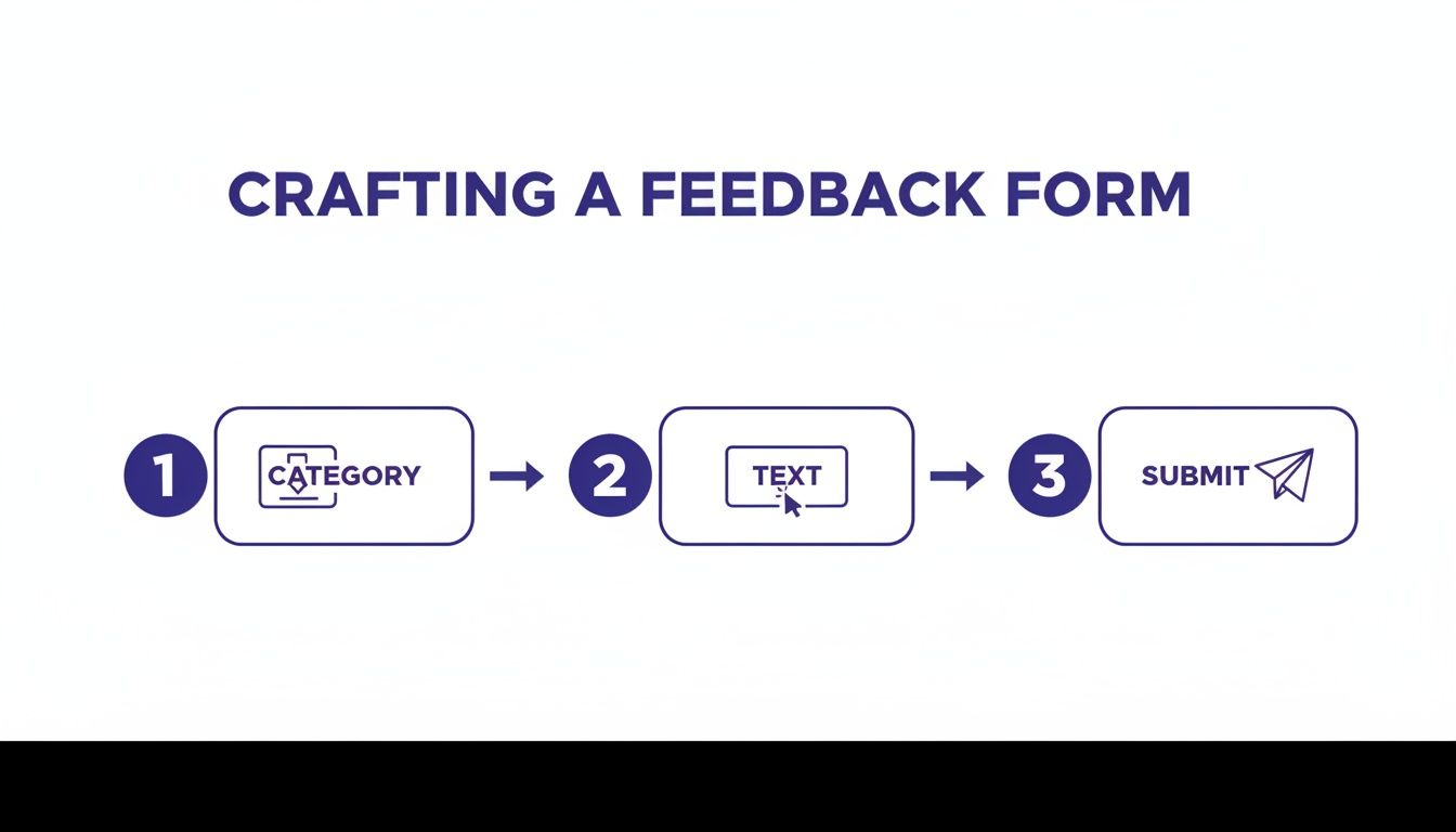 A visual guide illustrating three steps to craft a feedback form: category, text input, and submit.