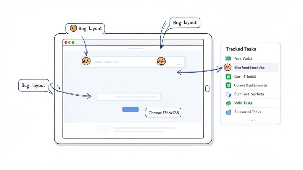 Illustration of a tablet screen displaying website layout bugs and a 'Tracked Tasks' list.