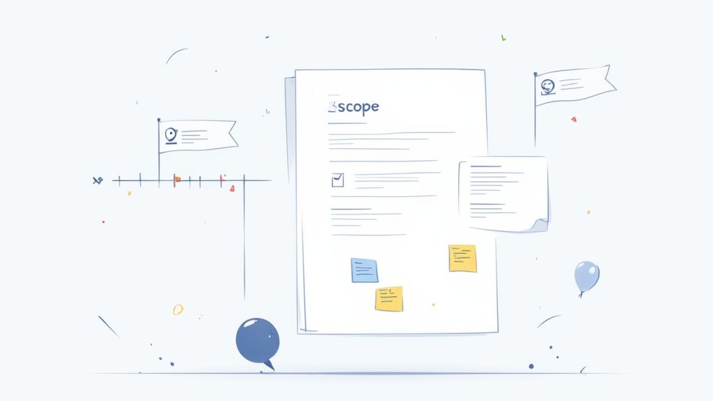 A sketched illustration of a project scope document, a timeline with flags, and sticky notes, symbolizing project planning.