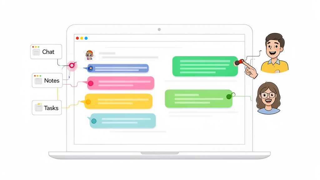 Illustration of a project management tool on a laptop, connecting chat messages with notes and tasks.