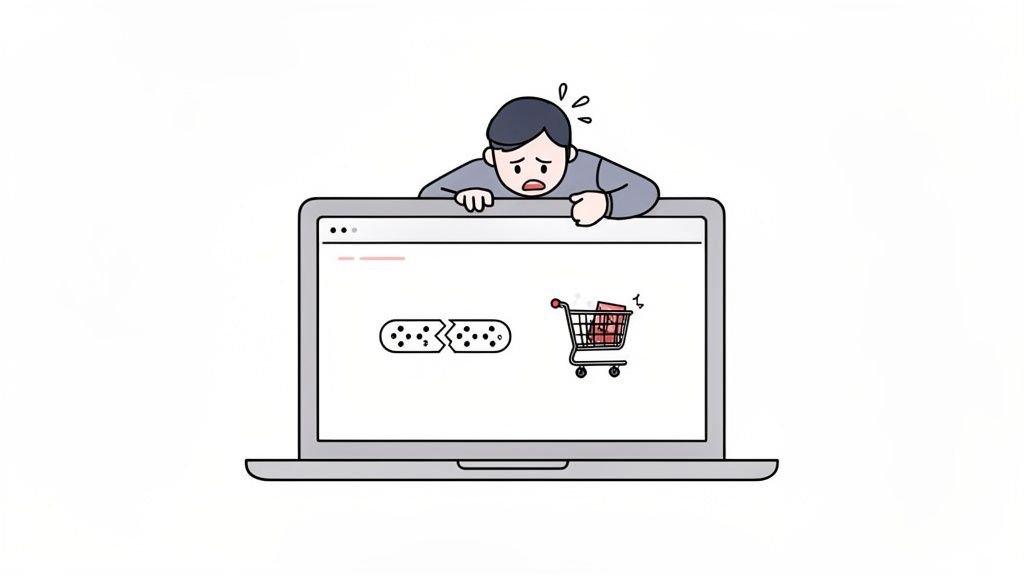 A worried man looks at a laptop screen showing a broken cookie and a shopping cart, symbolizing website usability issues.