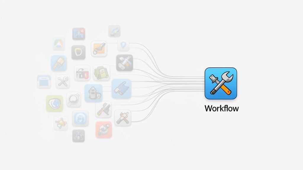A central blue Workflow icon with a wrench and screwdriver, connected to many smaller faded app icons.