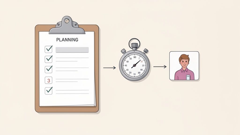 A visual workflow showing a planning checklist, a stopwatch for timing, and a smiling user icon.