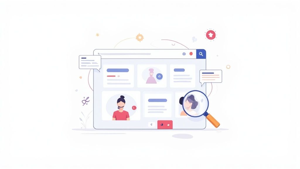 A web interface showing various user profiles, being searched by a large magnifying glass.