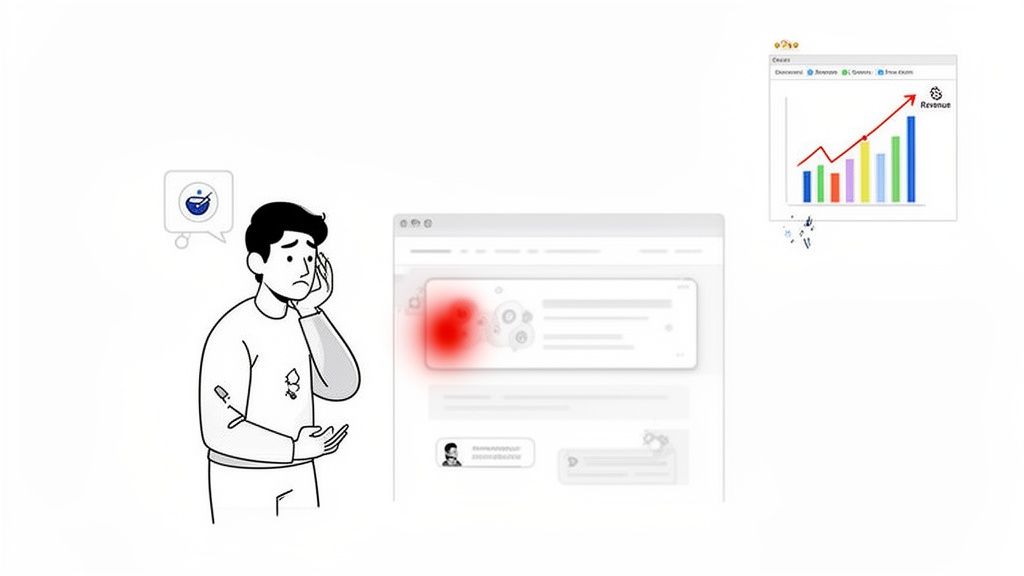 A man concerned by website usability issues indicated by a heatmap, contrasting with revenue growth.