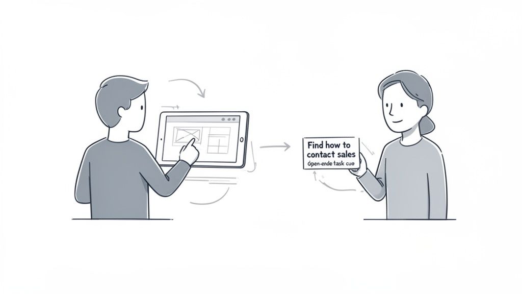 Two people engaged in a usability test; one interacts with a tablet, the other holds a task card.