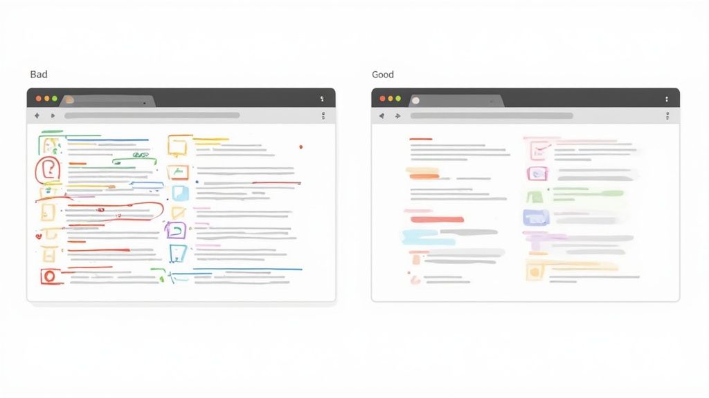 Two browser screenshots illustrating bad (overly marked) and good (clean) annotation styles.