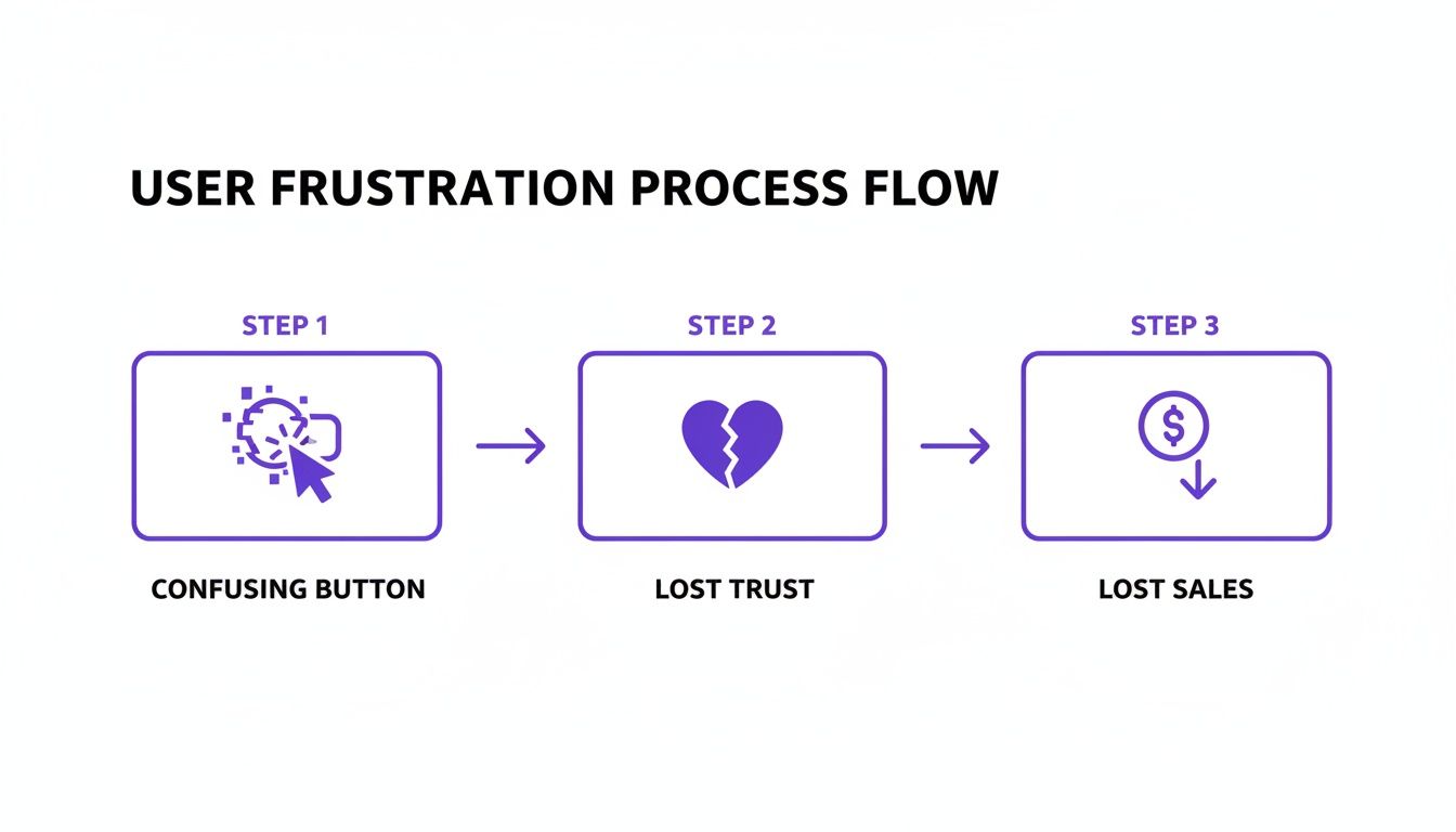 Flowchart showing user frustration steps: confusing button, lost trust, and lost sales.
