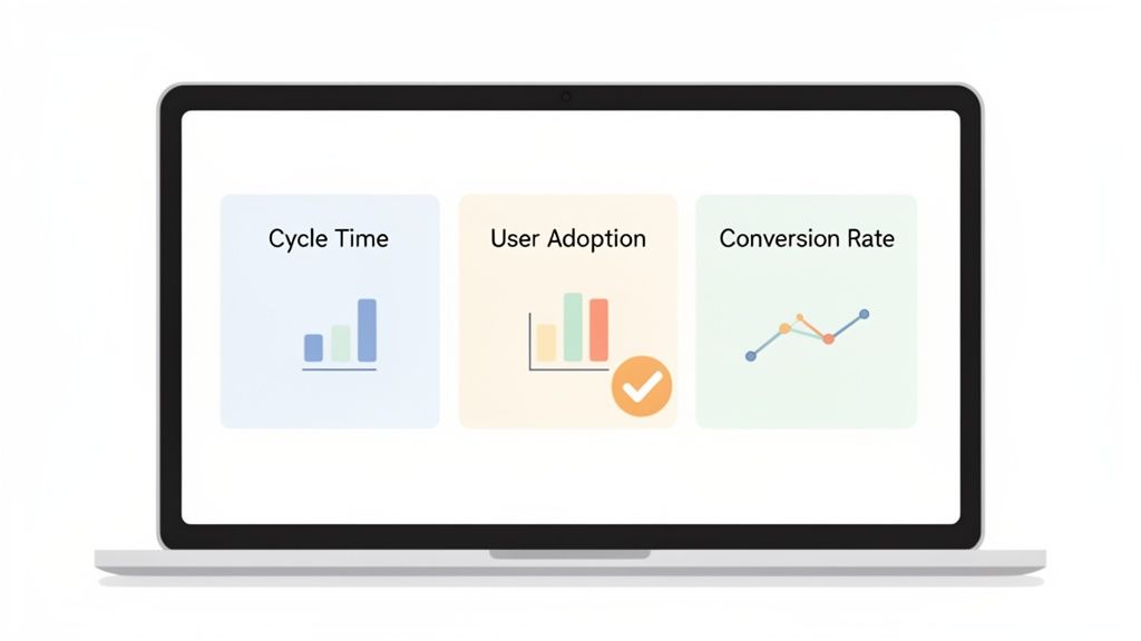A laptop displays a digital dashboard with Cycle Time, User Adoption, and Conversion Rate metrics.