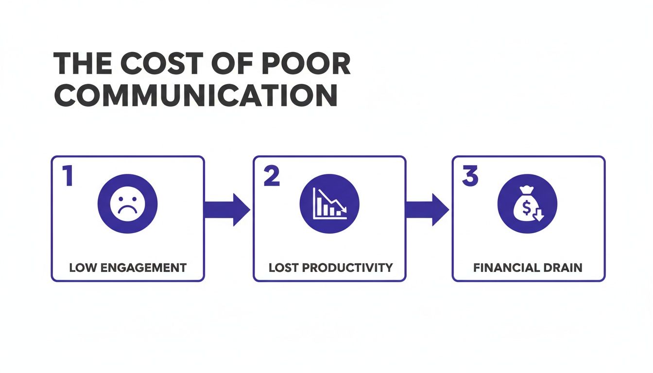 Infographic showing the cost of poor communication: low engagement, lost productivity, and financial drain.